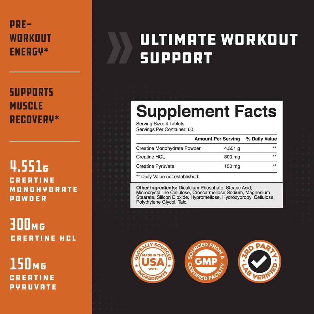 High Strength Tri Phase Creatine Tablets for Women & Men - Formula Blend of Creatine Monohydrate, 300Mg HCL & Pyruvate Supplement - Muscle Mass Gain & Recovery Supplement - 240 Tablets