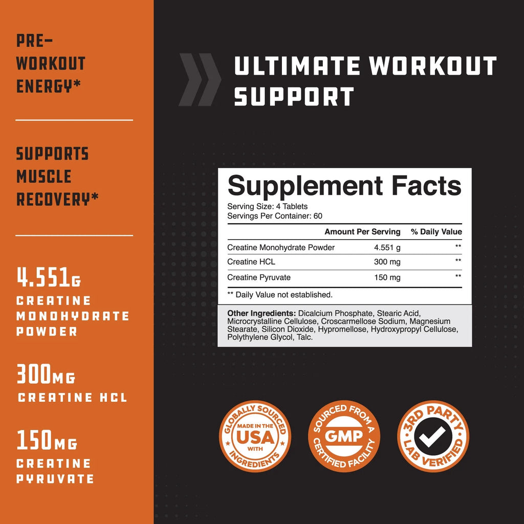 High Strength Tri Phase Creatine Tablets for Women & Men - Formula Blend of Creatine Monohydrate, 300Mg HCL & Pyruvate Supplement - Muscle Mass Gain & Recovery Supplement - 240 Tablets