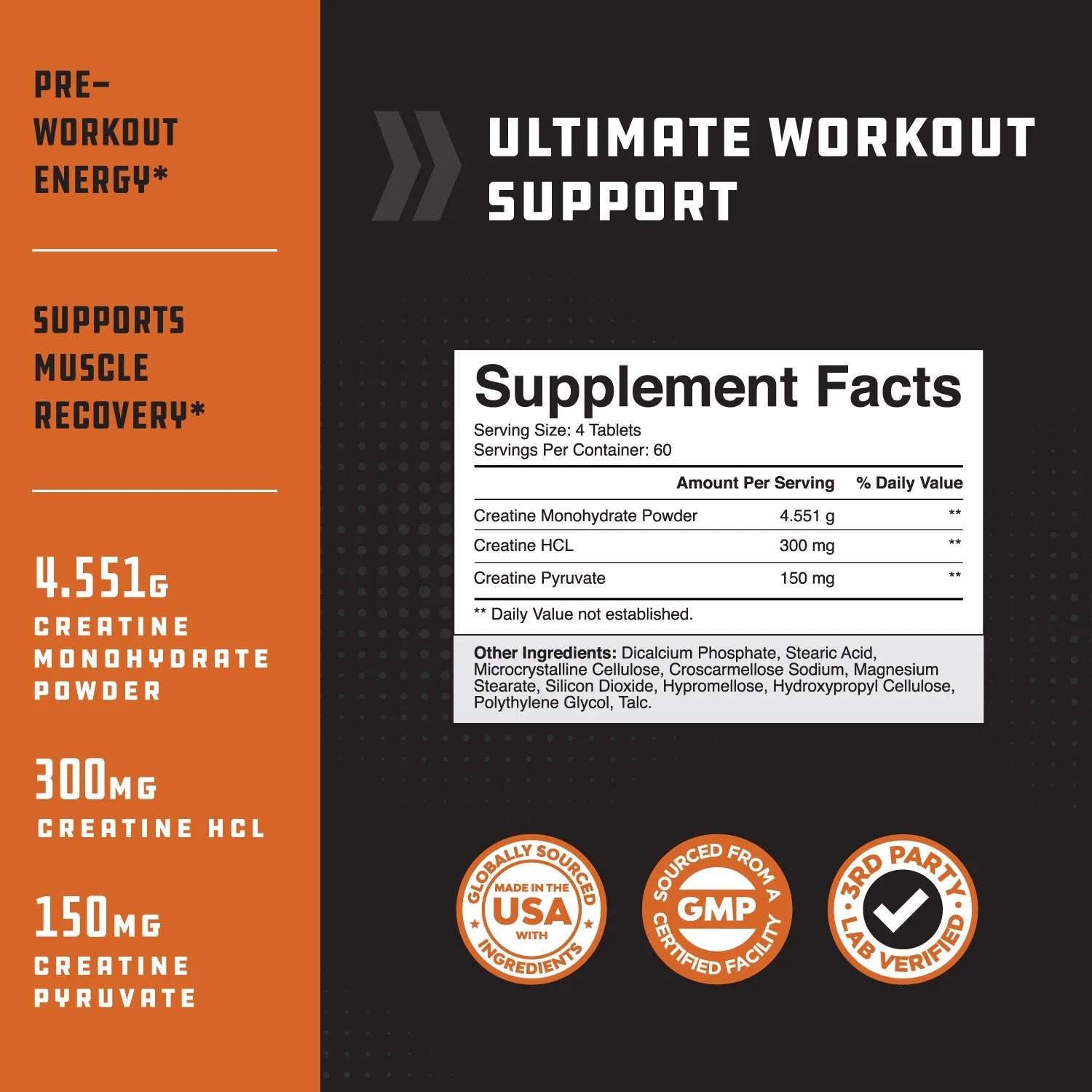 High Strength Tri Phase Creatine Tablets for Women & Men - Formula Blend of Creatine Monohydrate, 300Mg HCL & Pyruvate Supplement - Muscle Mass Gain & Recovery Supplement - 240 Tablets