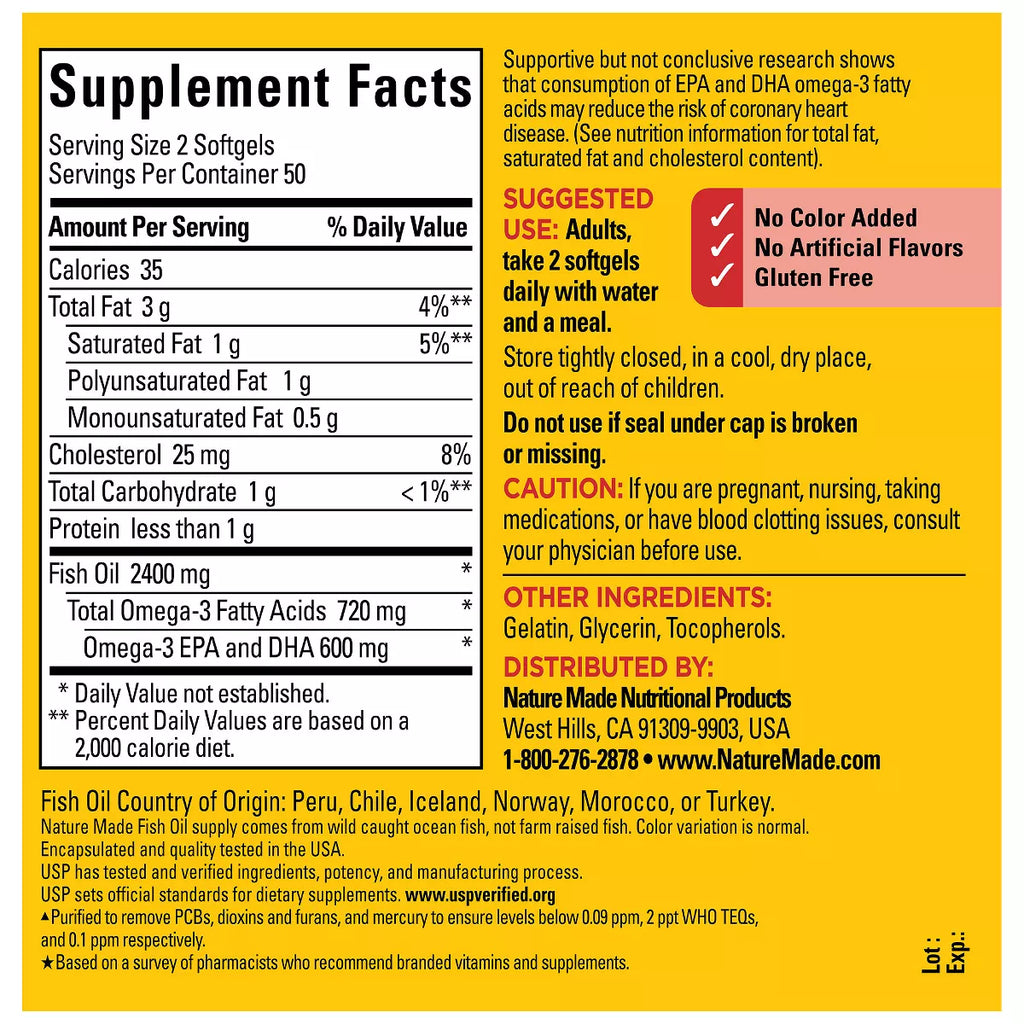 Nature Made Fish Oil Supplements 1200 Mg Omega 3 Supplements for Healthy Heart Support Softgels