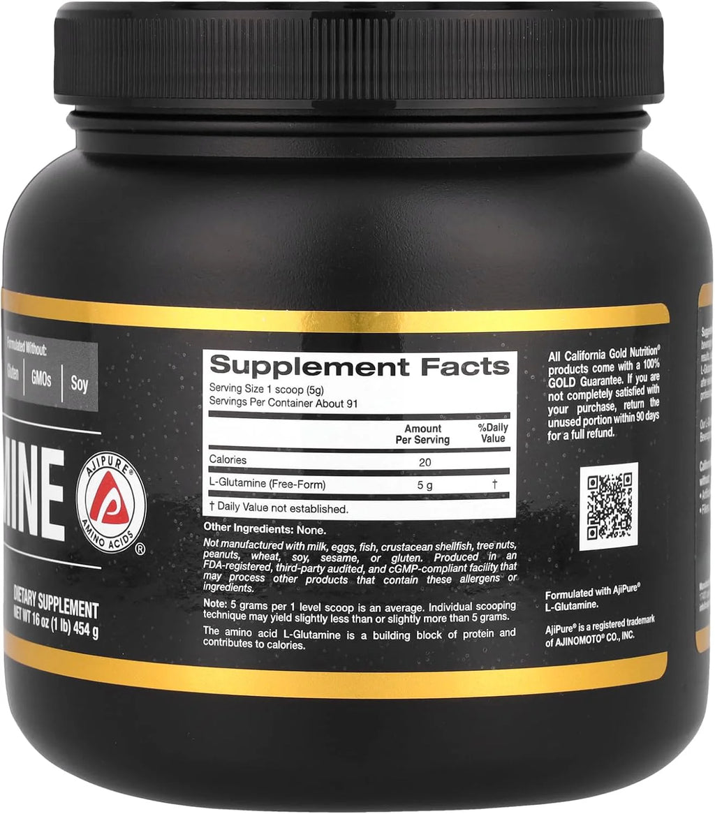 L Glutamine Powder, 100% Pure Pharmaceutical Grade, Supports Muscular Endurance & Post Workout Recovery, Supports Protein Synthesis & Intestinal Health, Free-Form Powder, 5G per Serving, 16 Oz (454 G)