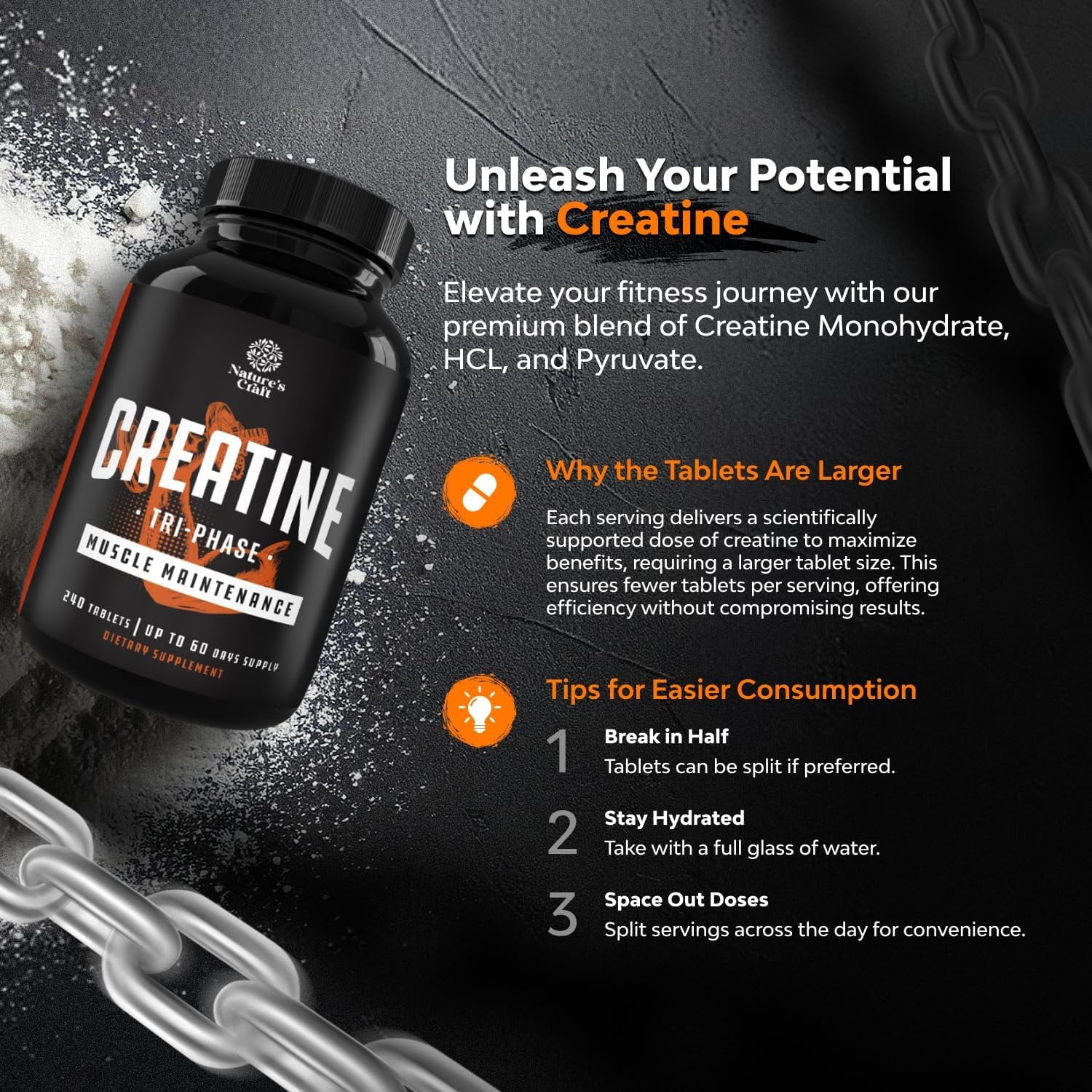 High Strength Tri Phase Creatine Tablets for Women & Men - Formula Blend of Creatine Monohydrate, 300Mg HCL & Pyruvate Supplement - Muscle Mass Gain & Recovery Supplement - 240 Tablets