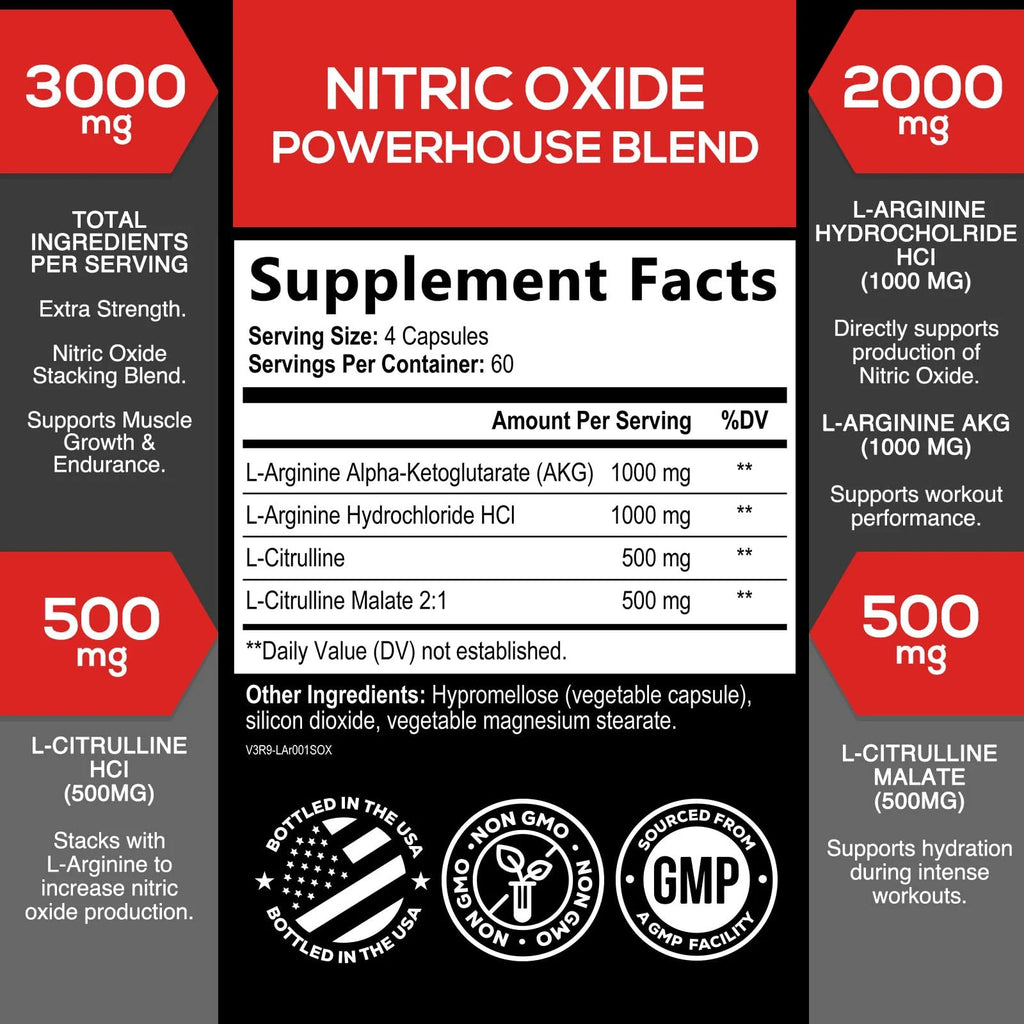 Extra Strength Nitric Oxide Booster 3000Mg - 3X Strength L-Arginine AKG & Citrulline Malate - Premium Nitric Booster Natural Energy, Muscle & Heart Support, Bottled in USA Men & Women - 240 Capsules