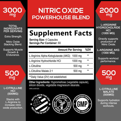 Extra Strength Nitric Oxide Booster 3000Mg - 3X Strength L-Arginine AKG & Citrulline Malate - Premium Nitric Booster Natural Energy, Muscle & Heart Support, Bottled in USA Men & Women - 240 Capsules
