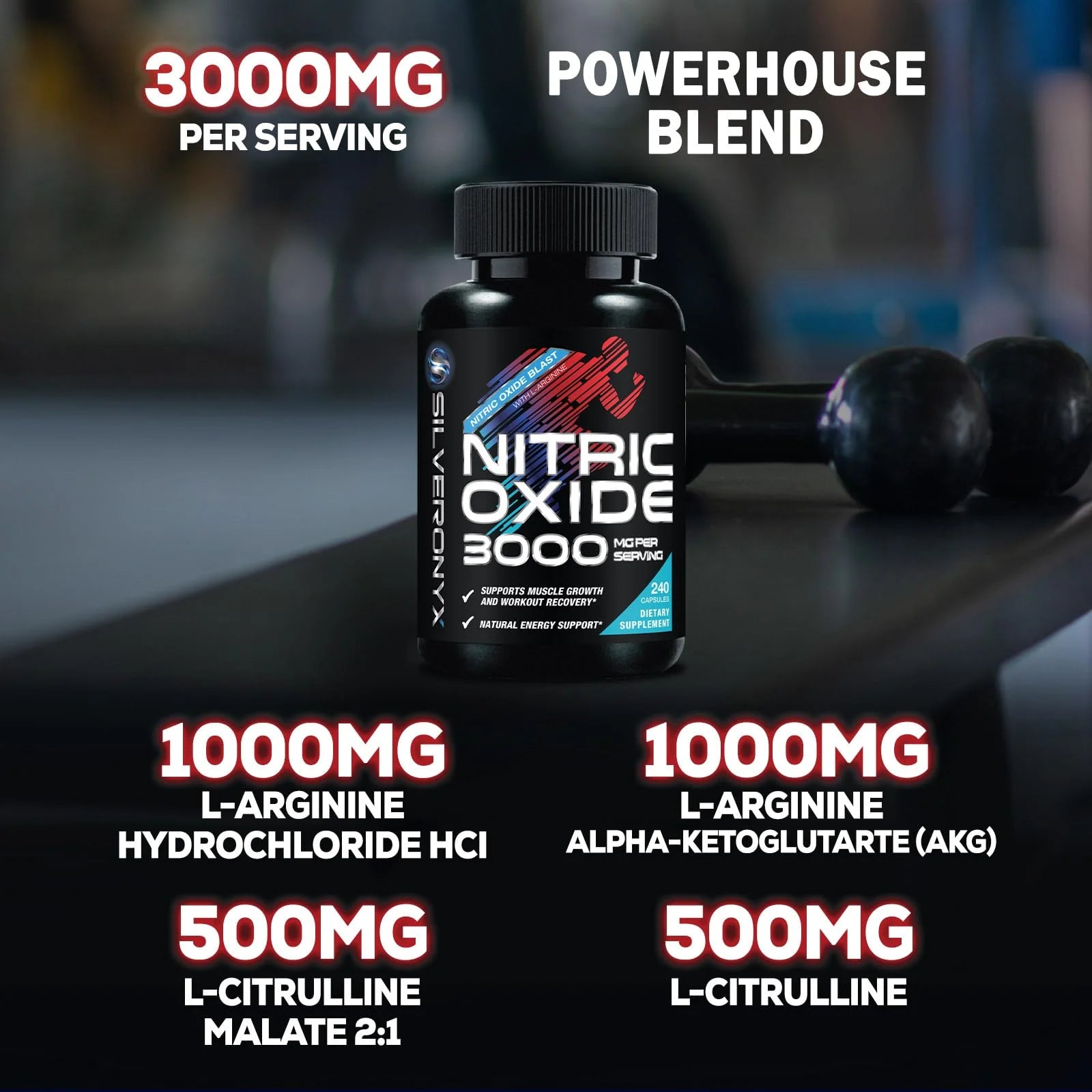 Extra Strength Nitric Oxide Booster 3000Mg - 3X Strength L-Arginine AKG & Citrulline Malate - Premium Nitric Booster Natural Energy, Muscle & Heart Support, Bottled in USA Men & Women - 240 Capsules